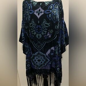 Roaman’s Womens Burnt-Out Witchy Velvet Vibrant Purple Black Fringe Poncho 18/24